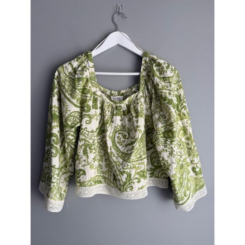 Nicole Miller NWT Linen Blend Top XS Green Paisley Square Neck Lace Trim Boho